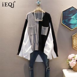 IEQJ Women Korean Style Fashion Contrast Stitching Knitted V-neck Pullover Shirt Blouse Loose Fashion Spring Autumn 220407