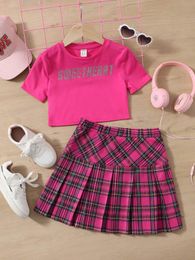 Girls Letter Pattern Tee & Tartan Pleated Skirt SHE