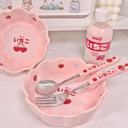 Dinnerware Sets Strawberry Bowl Kawaii Girl Heart Salad Ceramic Home Breakfast Dessert With Spoon Fork Pink Kitchen TablewareDinnerware