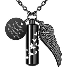 Cylinder Urn Necklace Butterfly Cremation Jewelry for Ashes Memorial Keepsake Pendant with Angel Wing Round Accessories Gift