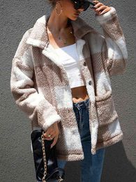 Autumn Winter Plaid Faux Fur Coat Women Checkered Thick Warm Jacket Women Furry Fluffy Teddy Jacket Plush Coat Ladies L220714