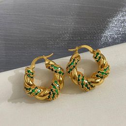 Hoop & Huggie Pair Vintage Gentle Twist Earrings For Women Green Zircon Metal Texture Circle Lobe Luxury Fine JewelryHoop