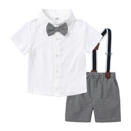 Toddler Boys Clothing Set Newborn Gentleman Suit Kids Short Sleeve Bow Tie Shirt Suspender Shorts Casual Summer Baby Boy Clothes 1-5 Years