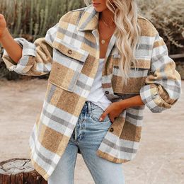 Women's Jackets Brushed Plaid Womens Long Sleeve Flannel Lapel Button Down Pocketed Jacket Coats Chaqueta Mujer Winter Women