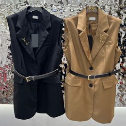 Brand Women Sleeveless Jackets Creative Pin Belt Coats Luxury Double Pockets Blazer Jacket Clothing