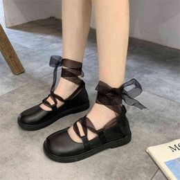 Dress Shoes Ankle Strap Ballet Women Round Toe Soft Leather Platform Flats Ladies Fashion Gladiator Lace Up Lolita Mary Janes 220518