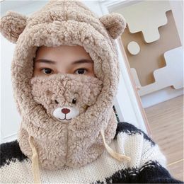 Berets Japanese Cute Cartoon Bear Ear Cap Hat Lamb Plush Warm Thickened Protection With Mask For Women GirlBerets