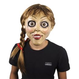 Halloween Annabelle Cosplay Mask Latex Cosplay Annabel Doll Scary Movie Adult Full Head Latex Wigs Ponytails Party Mask 220812