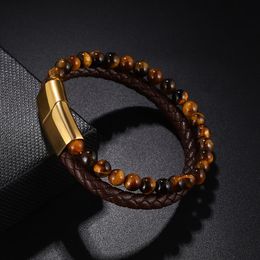 Men Yellow Tiger Eye Bracelet Many Styles Stainless Steel Magnetic Clasp Brown Genuine Leather Wrist Jewellery Handsome Boy Gifts