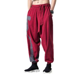 Spring Men Linen Cotton Pants Chinese Style Wide Pipe Blouses Jogger Pantalon Homme Hip Hop Streetwear Cross J220629