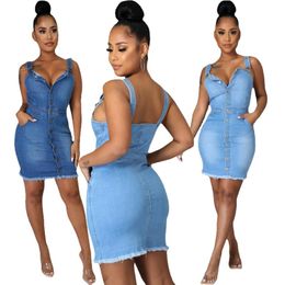 Casual Dresses Blue Denim Overalls Dress Women Summer Sexy Backless Sleeveless Suspender Jeans Mini Woman Vintage Button Up Tight DressesCas