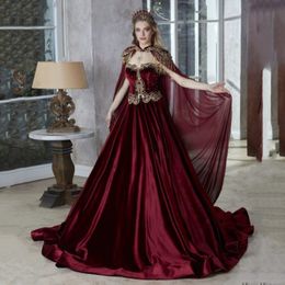 Burgundy Caftan Evening Dresses With Cape Gold Beading Moroccan kaftan Prom Dress Party Gown Vestido De Festa