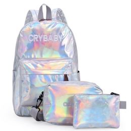 Holographic Laser Embroidered Crybaby Letters Hologram Backpack set School Bag shoulder bags pegs 3pcsset Y201224