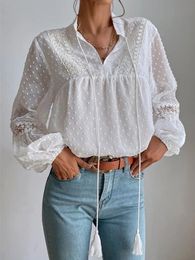 Women's Blouses & Shirts Lace V Neck Blouse Women Jacquard White Lantern Sleeve Solid Tops Summer Female Elegant Chic Casual TopWomen's