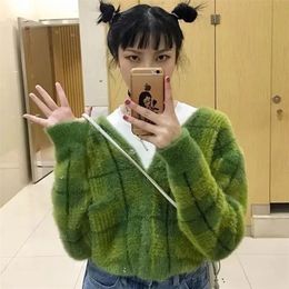 Harajuku Fuzzy Green Plaid Cardigan With Front Button Women Cropped Cardigan Sweater LJ200815