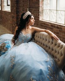 Elegant Light Sky Blue Beaded Quinceanera Dresses Lace-Up Back Sweet 16 Dress Sweetheart Appliqued Ball Gown Party Gowns