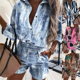 Summer Women Tracksuit Stripe Leopard Print Long Sleeve Shirts Topand Shorts Set Casual 2 Piece Sets Ladies Sexy Outfits CX220420