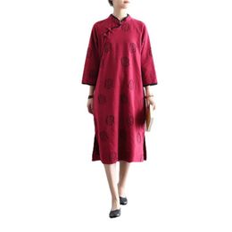 Ethnic Clothing Shanghai Storey Women's Chinese Style Cotton Cheongsam Floral Printed Qipao Tang Suit Dress For Spring Wine RedEthnic