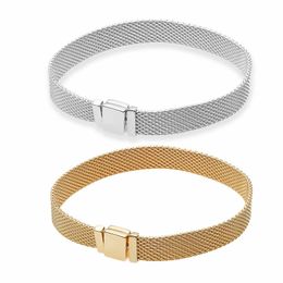 Yellow gold plated Watchband style Mesh Bracelet Girls boys Fashion Party gift Jewelry with Original box set for Pandora 925 Sterling Silver Strap Charms bracelets