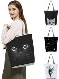 High Capacity Animal Design Bags Women Bag Black Cat Print Shopper Bag Handbag Office Reusable Casual Shoulder Bags Dropshipping 220608