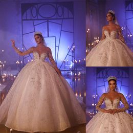 Luxurious Ball Gown Wedding Dresses Long Sleeves Deep V Neck Sequins Appliques 3D Flower Lace Ruffles Train Floor Length Bridal Gowns Plus Size robes de soiree