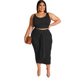 Women Sexy Two Piece Pants Plus Size Midi Dress Outfits Sleeveless Tank Crop Top Bodycon Skirts Set