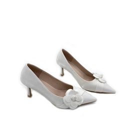 silk flowers for shoes UK - Dress Shoes Silk Flower Décor Pumps Pointed Toe High Heel Women Satin Wedding Party Moccasins Slip On White Heeled 7CM Size 35-40