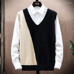 Men's Vests Men Sweater Vest Autumn Patchwork Loose Wool Knitted Sweaters Mens Fashion Casual V-Neck Pullovers Korean Streetwear 2022 Guin22