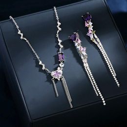 Pendant Necklaces Japan And South Korea Fashion Jewelry Set Purple Gem Earrings Pleated Love Fringe European American Ladies NecklacePendant