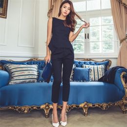 Fashion OL Women Suit Sleeveless Tops and Calflength Pencil Pant Suit 2 Pieces Solid Outfits Summer Work Business Wear T200603