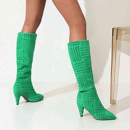 BootsBrand Design Knitted Women Boots Tapered High Heels Pointy Toe Autumn Winter Boots Slip-on Knee Length Women Shoes Size 34-43 G220813