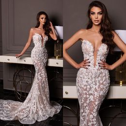 Sexy 2022 Mermaid Wedding Dresses Lace Appliqued Floral Beaded Sleevelss Illusion Bridal Gowns Vestido De Novia