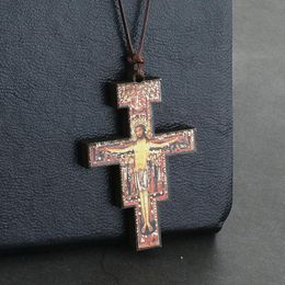 Pendant Necklaces Wooden Orthodox San Damiano Crucifix Necklace Leather Rope Chain Cross For Men Women Church Prayer Jewellery GiftPendant