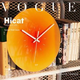 Nordic Sunset Wall Clock Celebrity Ins Light Luxury Living Room Punch-free Creative Fashion Decoration Mute Simple Glass Clock