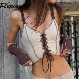 Rapcopter Lace Up y2k Corset Top Contrast Aesthetic Glove Crop Top Backless V Neck Patched Knitted Sweat Retro Vest Cute 220407