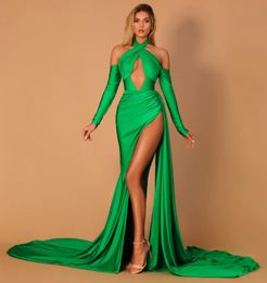 Green Long Sleeves Mermaid Prom Dresses Deep V Neckline Side Split Evening Gowns Black Girl Satin Sweep Train Plus Size Formal Dress