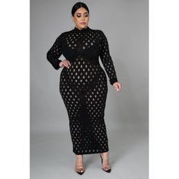 Plus Size Dresses Hollow Out Sexy Dress Turtleneck Long Sleeve Solid Color Stretch Trendy Women Clothing Elegant UrbanPlus