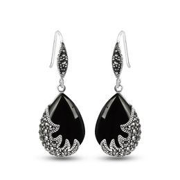 Vintage Marcasite Dangle Earrings With 15x20mm Water Drop Type Onyx 925 Silver Jewelry