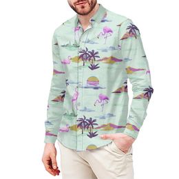 Men's Casual Shirts Fashion Mens Shirt Flamingos Hawaiian Stand-up Collar Plus Size 6XL Long Sleeve Buttons
