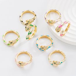 S2979 Fashion Jewellery Copper 18K Gold Plated Glaze Enamel Snake Ring Women Zircon Inlaid Opening Adjustable Rings