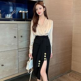 Work Dresses Women's Spring Autumn Long Sleeves Solid High Waist A-line Skirts Sets Female Korean Fashion Casual Clothes Two Pieces Set