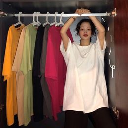 oversized Tee Shirt 7 Solid Color Basic T-shirts Women Casual Harajuku Summer long white black Tops Korean Hipster White T Shirt 220408