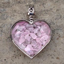 Pendant Necklaces Rose Pink Quartz Chips Glass Heart Bottle Silver Wrapped 38x30x14mmPendant NecklacesPendant