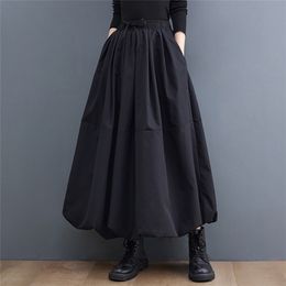 Black Vintage High Waist Pleated Skirt Women Plus Size Fashion Drawstring Loose Casual Midi Skirts Clothes Autumn Winter 220701