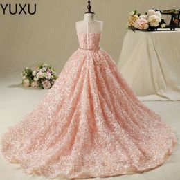 Pink Ball Gown Flower Girl Dresses Sheer Neck Lace Kid Wedding Dresses first holy communion gowns Cute Lace Long Sleeve Toddler Girls Pageant gown