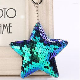 Keychains Creative Pentagram Key Chain Brilliant Pompom Sequin Keychain Women Car Interior Accessories Rings Miri22