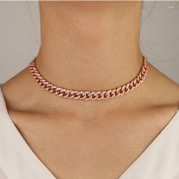 Pendant Necklaces Rose Gold Colour Bling Full Cz Miami Cuban Link Chain Choker Necklace For Women Hip Hop Iced Out Stone Rock Short Jewellery