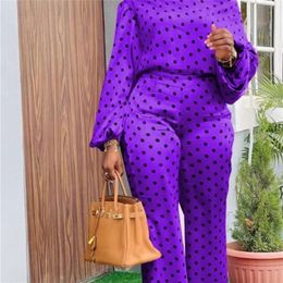 Two Pieces Set women Polka Dot Print One Shoulder Long Sleeves High Waist Pants Autumn Spring Party Evening Casual Sexy Outfits 220509