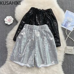 KUSHAIKI Elastic Waist Sequins Shorts Women Autumn Fashion Elegant Bottoms Causal Korean Wide Leg Short Feminimos 6N025 220419