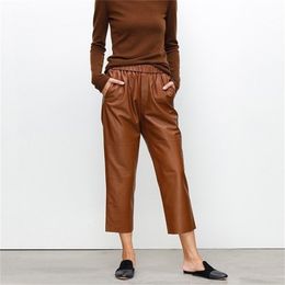 Genuine leather harem pants Women's real sheepskin trousers high waist plus size women pants new Elastic waist streetwear 201112